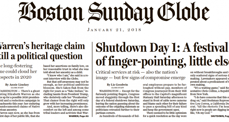 Boston Globe A1: “Elizabeth Warren’s Native American Problem” Grows