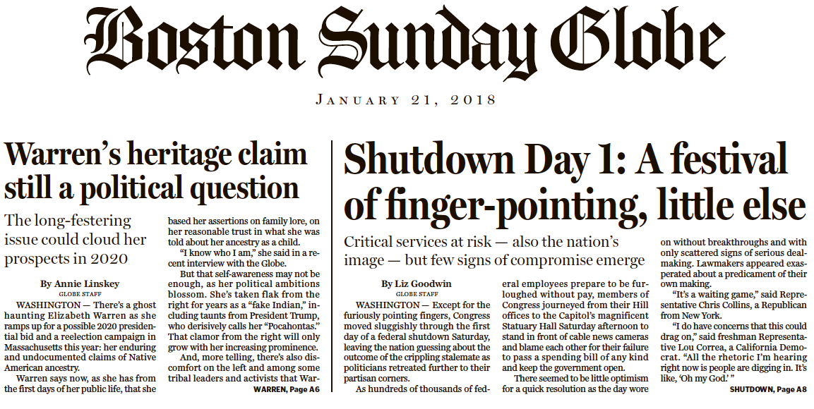 Boston Globe A1: “Elizabeth Warren’s Native American Problem” Grows